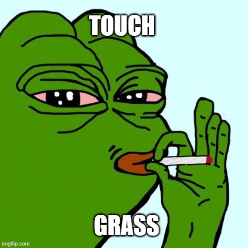 Mine Grass | TOUCH; GRASS | image tagged in dank pepe,touch grass,mining,pepe le pew,pepe punch,smoke weed everyday | made w/ Imgflip meme maker