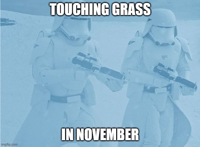 Touching Grass in November | TOUCHING GRASS; IN NOVEMBER | image tagged in not sure if- yeah definatley first order snow troopers,touch grass,no nut november,freezing cold,sad storm trooper,cold weather | made w/ Imgflip meme maker