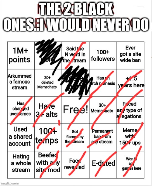 Achievements bingo | THE 2 BLACK ONES..I WOULD NEVER DO | image tagged in achievements bingo | made w/ Imgflip meme maker
