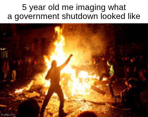boy I was so wrong | 5 year old me imaging what a government shutdown looked like | image tagged in anarchy riot | made w/ Imgflip meme maker