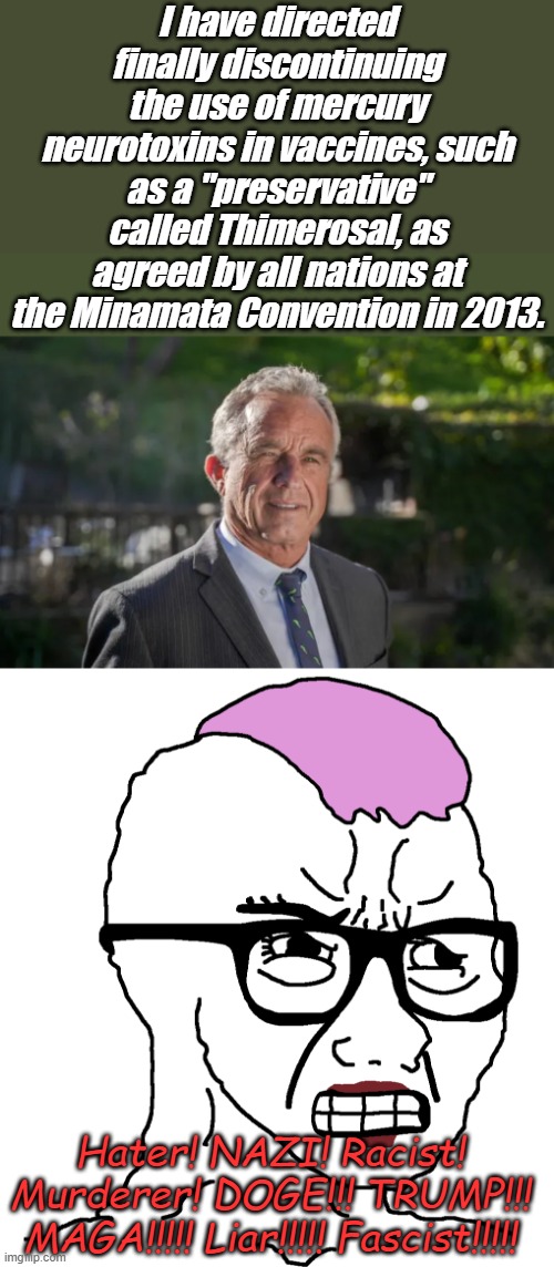 Guess that settles it, hater RFK Jr. has got to go. Keep mercury use FREE!!!! | I have directed finally discontinuing the use of mercury neurotoxins in vaccines, such as a "preservative" called Thimerosal, as agreed by all nations at the Minamata Convention in 2013. Hater! NAZI! Racist! Murderer! DOGE!!! TRUMP!!! MAGA!!!!! Liar!!!!! Fascist!!!!! | image tagged in robert f kennedy jr,angry female npc | made w/ Imgflip meme maker