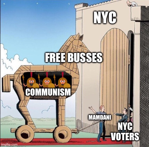 Trojan Horse | NYC; FREE BUSSES; COMMUNISM; MAMDANI; NYC VOTERS | image tagged in trojan horse | made w/ Imgflip meme maker