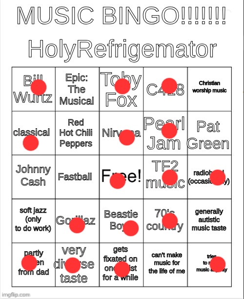 HolyRefrigemator music bingo | image tagged in holyrefrigemator music bingo | made w/ Imgflip meme maker