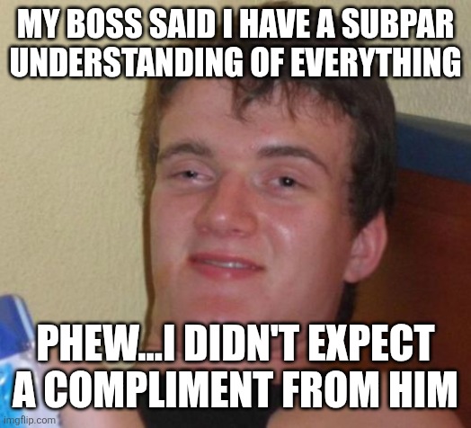 10 Guy | MY BOSS SAID I HAVE A SUBPAR UNDERSTANDING OF EVERYTHING; PHEW...I DIDN'T EXPECT A COMPLIMENT FROM HIM | image tagged in memes,10 guy | made w/ Imgflip meme maker