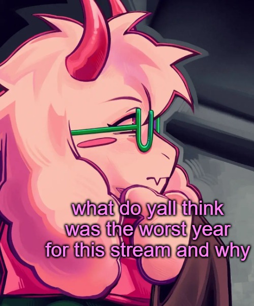 ralsei, the thinker | what do yall think was the worst year for this stream and why | image tagged in ralsei the thinker | made w/ Imgflip meme maker