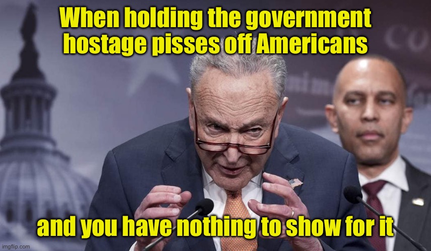 Shouldn’t have shut down the government for leverage in the first place | When holding the government hostage pisses off Americans; and you have nothing to show for it | image tagged in evil chuck schumer,loser,government shutdown | made w/ Imgflip meme maker