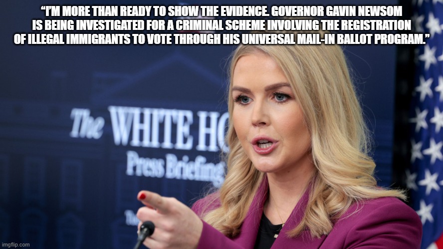But you said it never happens | “I’M MORE THAN READY TO SHOW THE EVIDENCE. GOVERNOR GAVIN NEWSOM IS BEING INVESTIGATED FOR A CRIMINAL SCHEME INVOLVING THE REGISTRATION OF ILLEGAL IMMIGRANTS TO VOTE THROUGH HIS UNIVERSAL MAIL-IN BALLOT PROGRAM.” | image tagged in karoline leavitt scolding,illegal voting,voter fraud,gavin newsom,justice is coming,democrat war on america | made w/ Imgflip meme maker