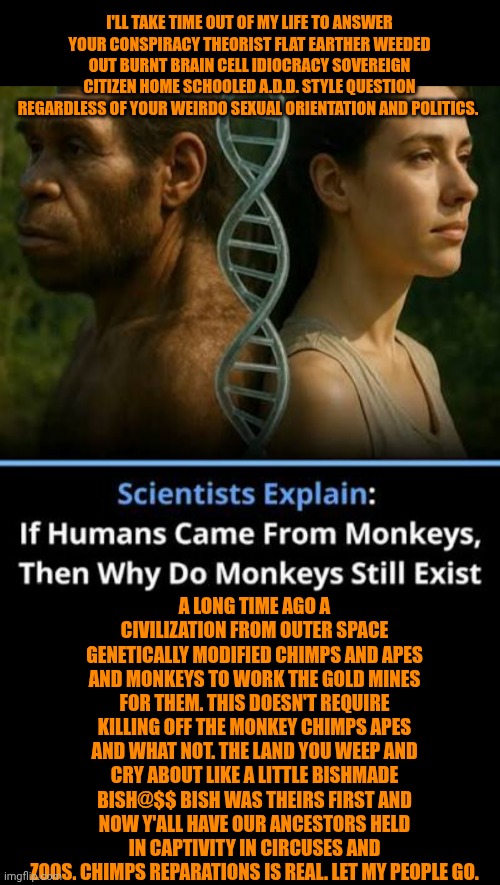 Funny | I'LL TAKE TIME OUT OF MY LIFE TO ANSWER YOUR CONSPIRACY THEORIST FLAT EARTHER WEEDED OUT BURNT BRAIN CELL IDIOCRACY SOVEREIGN CITIZEN HOME SCHOOLED A.D.D. STYLE QUESTION REGARDLESS OF YOUR WEIRDO SEXUAL ORIENTATION AND POLITICS. A LONG TIME AGO A CIVILIZATION FROM OUTER SPACE GENETICALLY MODIFIED CHIMPS AND APES AND MONKEYS TO WORK THE GOLD MINES FOR THEM. THIS DOESN'T REQUIRE KILLING OFF THE MONKEY CHIMPS APES AND WHAT NOT. THE LAND YOU WEEP AND CRY ABOUT LIKE A LITTLE BISHMADE BISH@$$ BISH WAS THEIRS FIRST AND NOW Y'ALL HAVE OUR ANCESTORS HELD IN CAPTIVITY IN CIRCUSES AND ZOOS. CHIMPS REPARATIONS IS REAL. LET MY PEOPLE GO. | image tagged in funny,zoo,circus,chimpanzee,cavemen,free | made w/ Imgflip meme maker
