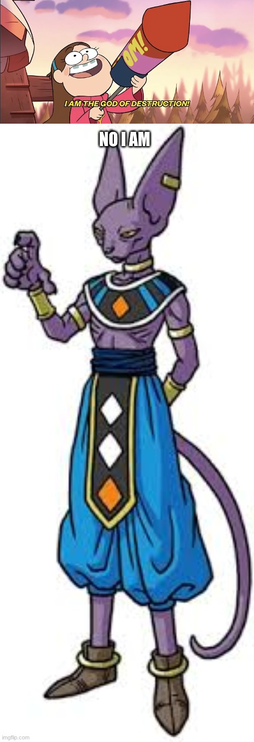 hehe | NO I AM | image tagged in i am the god of destruction,dragon ball | made w/ Imgflip meme maker