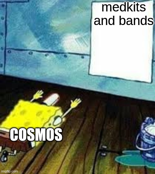 they love meds so much that they even get mad at the people who took the med even if they're inventory is full with meds | medkits and bands; COSMOS | image tagged in spongebob worship | made w/ Imgflip meme maker