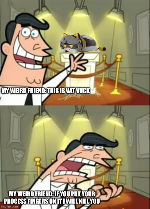 ...ok | MY WEIRD FRIEND: THIS IS VAT VUCK; MY WEIRD FRIEND: IF YOU PUT YOUR PROCESS FINGERS ON IT I WILL KILL YOU | image tagged in memes,this is where i'd put my trophy if i had one | made w/ Imgflip meme maker