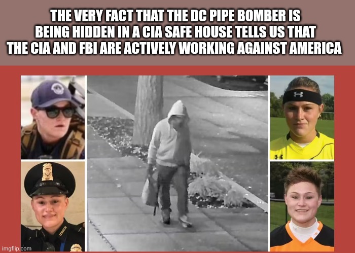 THE VERY FACT THAT THE DC PIPE BOMBER IS BEING HIDDEN IN A CIA SAFE HOUSE TELLS US THAT THE CIA AND FBI ARE ACTIVELY WORKING AGAINST AMERICA | image tagged in funny memes | made w/ Imgflip meme maker