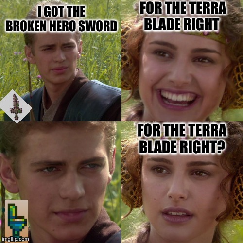 Anakin Padme 4 Panel | I GOT THE BROKEN HERO SWORD; FOR THE TERRA BLADE RIGHT; FOR THE TERRA BLADE RIGHT? | image tagged in anakin padme 4 panel | made w/ Imgflip meme maker