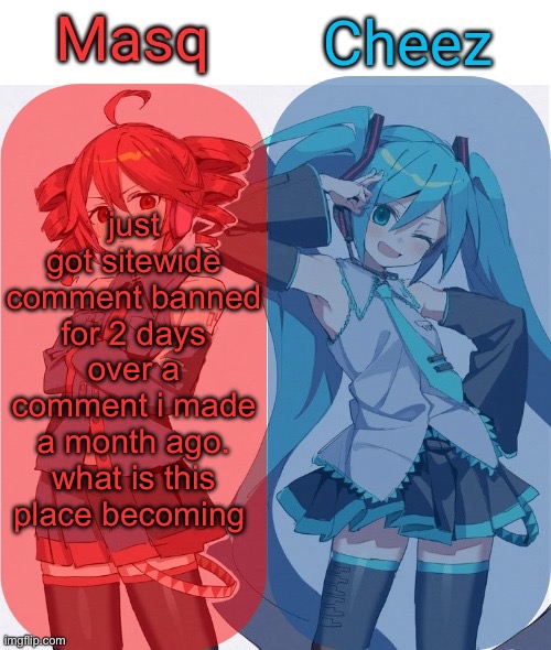 Masq and Cheez Duo shared template | just got sitewide comment banned for 2 days over a comment i made a month ago. what is this place becoming | image tagged in masq and cheez duo shared template | made w/ Imgflip meme maker