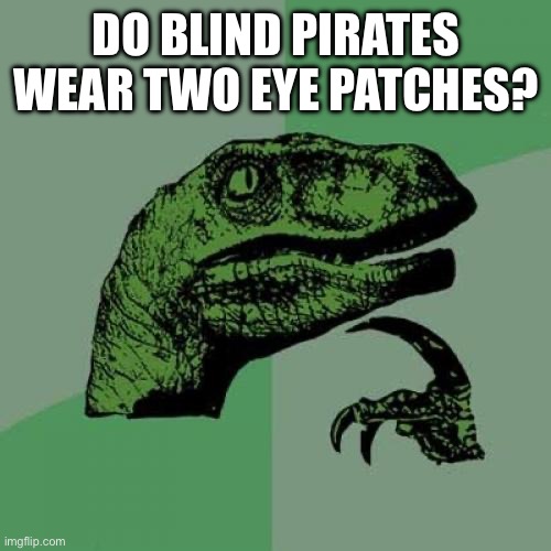 Philosoraptor Meme | DO BLIND PIRATES WEAR TWO EYE PATCHES? | image tagged in memes,philosoraptor | made w/ Imgflip meme maker