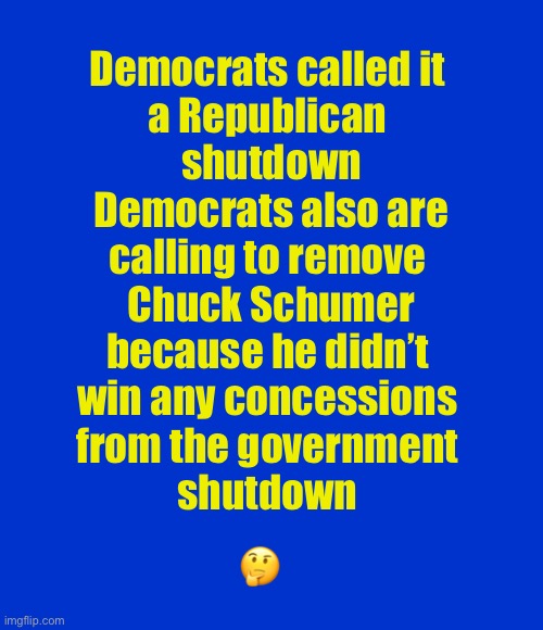 Hypocrisy | Democrats called it 
a Republican 
shutdown

Democrats also are
calling to remove 
Chuck Schumer
because he didn’t 
win any concessions 
from the government 
shutdown; 🤔 | image tagged in blank blue - large | made w/ Imgflip meme maker