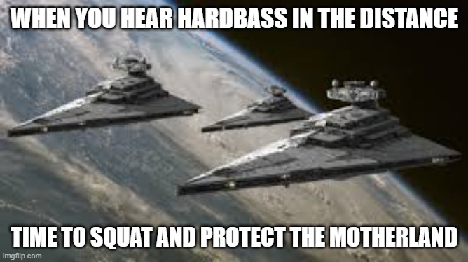 Empire Star Destroyers | WHEN YOU HEAR HARDBASS IN THE DISTANCE; TIME TO SQUAT AND PROTECT THE MOTHERLAND | image tagged in empire star destroyers,slavic lives matter | made w/ Imgflip meme maker