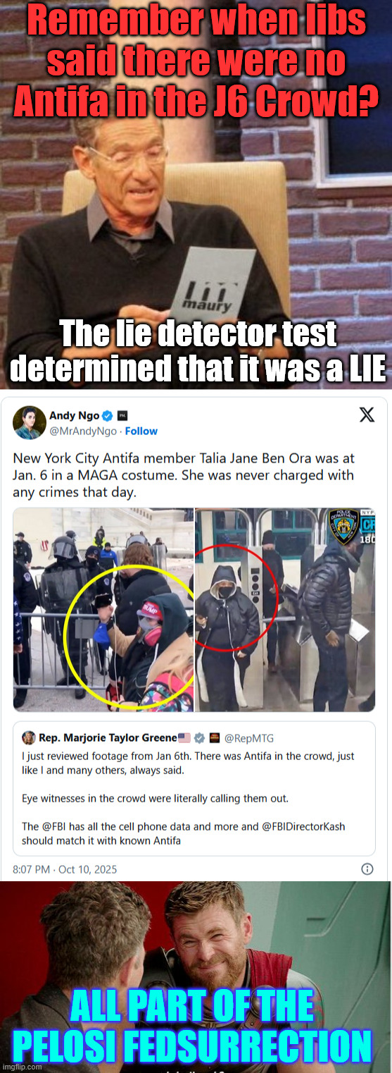 All part of the Pelosi Fedsurrection | Remember when libs said there were no Antifa in the J6 Crowd? The lie detector test determined that it was a LIE; ALL PART OF THE PELOSI FEDSURRECTION | image tagged in memes,maury lie detector,antifa agitators in j6 crowd,none charged by dem justus system | made w/ Imgflip meme maker