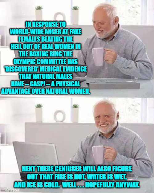 Oh so slowly -- sanity begins returning to aspects of the world. | IN RESPONSE TO WORLD-WIDE ANGER AT FAKE FEMALES BEATING THE HELL OUT OF REAL WOMEN IN THE BOXING RING THE OLYMPIC COMMITTEE HAS 'DISCOVERED' MEDICAL EVIDENCE THAT NATURAL MALES HAVE -- GASP! -- A PHYSICAL ADVANTAGE OVER NATURAL WOMEN. NEXT THESE GENIUSES WILL ALSO FIGURE OUT THAT FIRE IS HOT, WATER IS WET, AND ICE IS COLD.  WELL . . . HOPEFULLY ANYWAY. | image tagged in hide the pain harold | made w/ Imgflip meme maker