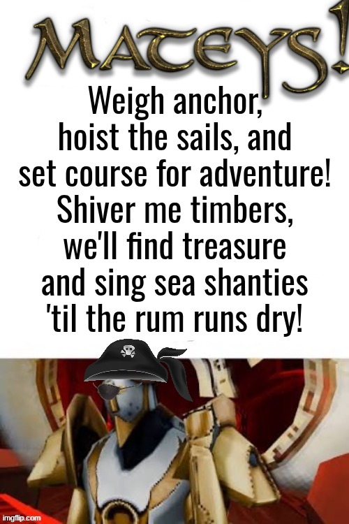 Weigh anchor, hoist the sails, and set course for adventure! Shiver me timbers, we'll find treasure and sing sea shanties 'til the rum runs dry! | made w/ Imgflip meme maker