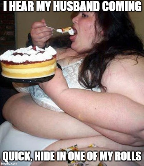 I HEAR MY HUSBAND COMING QUICK, HIDE IN ONE OF MY ROLLS | image tagged in fat woman with cake | made w/ Imgflip meme maker