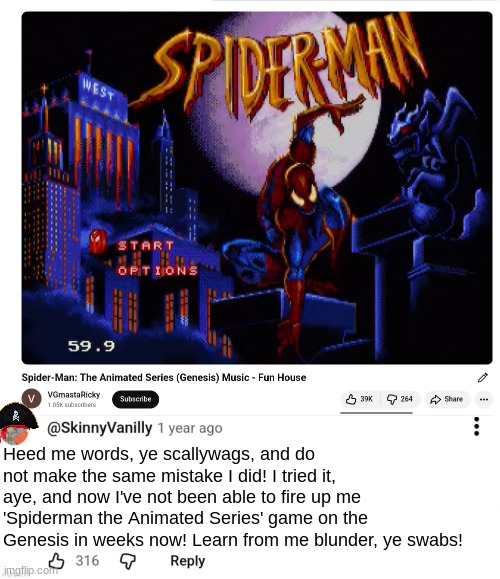 Heed me words, ye scallywags, and do not make the same mistake I did! I tried it, aye, and now I've not been able to fire up me 'Spiderman the Animated Series' game on the Genesis in weeks now! Learn from me blunder, ye swabs! | made w/ Imgflip meme maker
