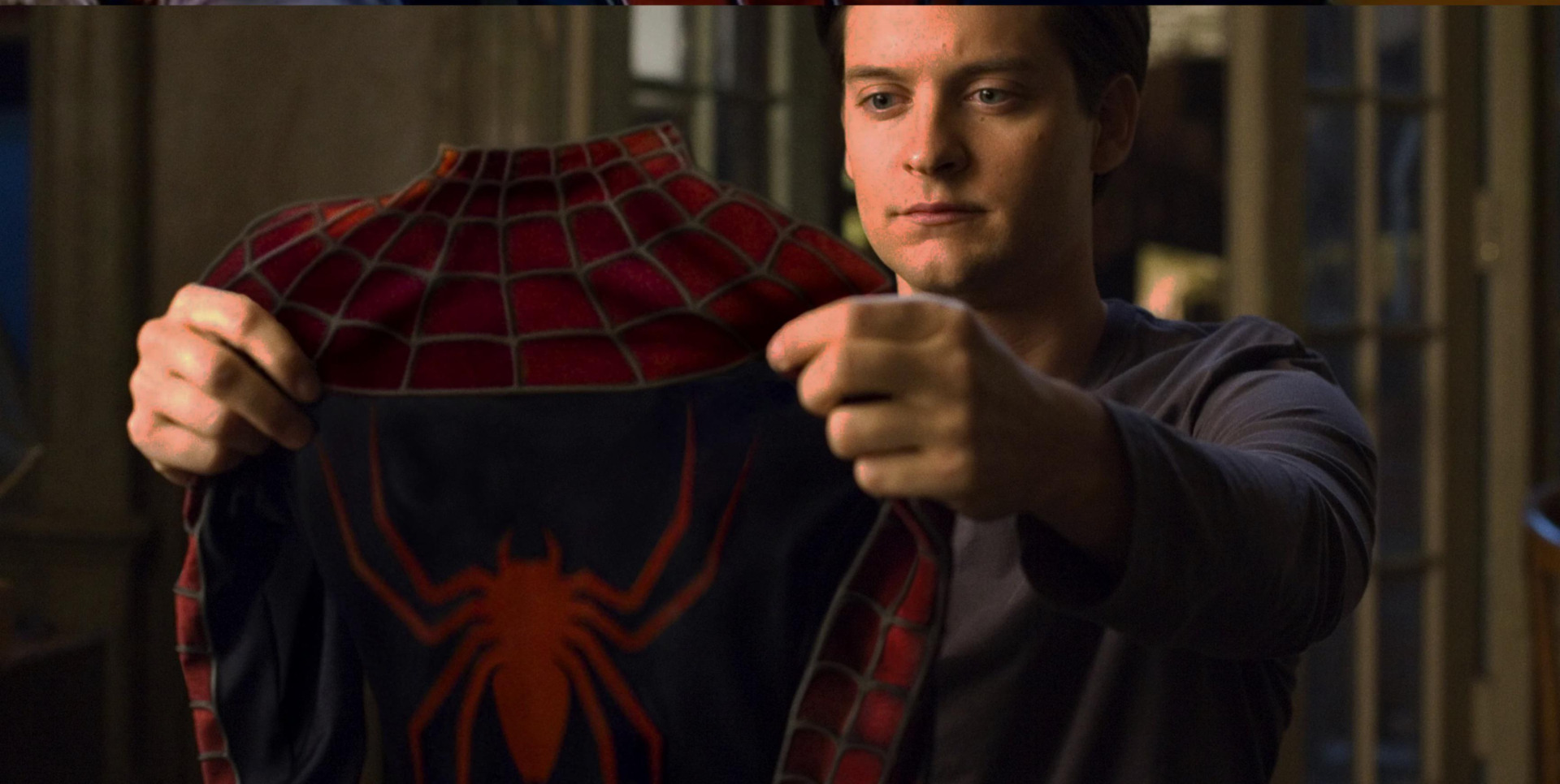 spiderman holding up suit half bottom Blank Meme Template