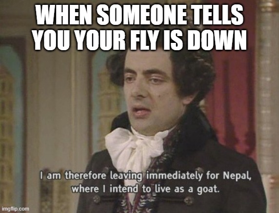 I am therefore leaving immediately for Nepal | WHEN SOMEONE TELLS YOU YOUR FLY IS DOWN | image tagged in i am therefore leaving immediately for nepal,goat,funny | made w/ Imgflip meme maker