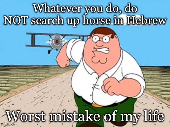 Horse is WHAAAT?! | Whatever you do, do NOT search up horse in Hebrew; Worst mistake of my life | image tagged in peter griffin running away for a plane,horse,worst mistake of my life,among us | made w/ Imgflip meme maker