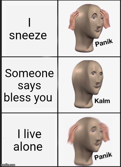 Panik Kalm Panik | I sneeze; Someone says bless you; I live alone | image tagged in memes,panik kalm panik | made w/ Imgflip meme maker