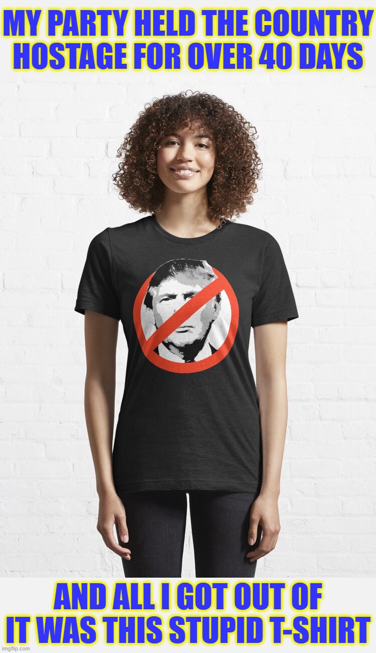 At least she got a t-shirt. The rest of us got what the little bird left on the rock. Thanks for nothing but pain, Democratics! | MY PARTY HELD THE COUNTRY HOSTAGE FOR OVER 40 DAYS; AND ALL I GOT OUT OF IT WAS THIS STUPID T-SHIRT | image tagged in liberal hypocrisy,liberal logic,liberal media,butthurt liberals,hollywood liberals,stupid liberals | made w/ Imgflip meme maker