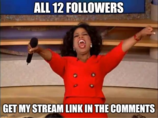 Oprah You Get A Meme | ALL 12 FOLLOWERS; GET MY STREAM LINK IN THE COMMENTS | image tagged in memes,oprah you get a | made w/ Imgflip meme maker