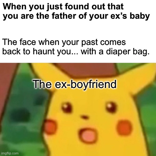 The DNA Test Says... Pika-Whoa! | When you just found out that you are the father of your ex’s baby; The face when your past comes back to haunt you... with a diaper bag. The ex-boyfriend | image tagged in surprised pikachu,pikachu,you are the father,dna test,paternity test,say what | made w/ Imgflip meme maker