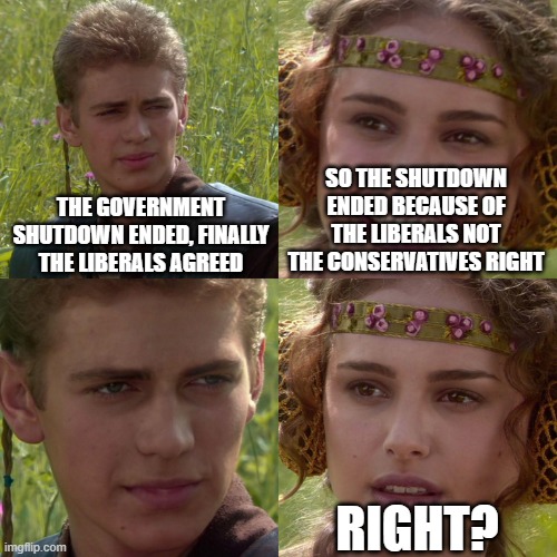 Hypocrisy! | SO THE SHUTDOWN ENDED BECAUSE OF THE LIBERALS NOT THE CONSERVATIVES RIGHT; THE GOVERNMENT SHUTDOWN ENDED, FINALLY THE LIBERALS AGREED; RIGHT? | image tagged in anakin padme 4 panel | made w/ Imgflip meme maker