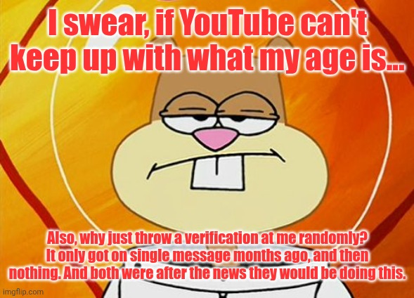 They better at least have the ads change of you don't verify as, y'know. | I swear, if YouTube can't keep up with what my age is... Also, why just throw a verification at me randomly? It only got on single message months ago, and then nothing. And both were after the news they would be doing this. | image tagged in unimpressed sandy | made w/ Imgflip meme maker