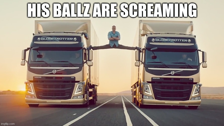 jean claude van damme split | HIS BALLZ ARE SCREAMING | image tagged in jean claude van damme split | made w/ Imgflip meme maker