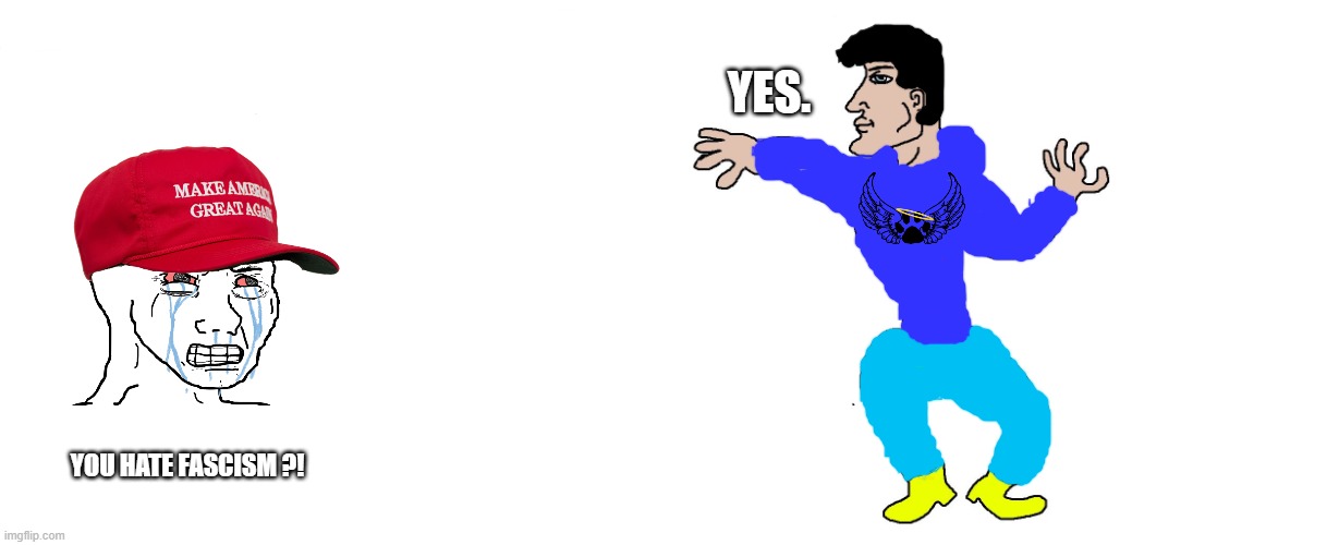 Virgin and Chad | YES. YOU HATE FASCISM ?! | image tagged in virgin and chad | made w/ Imgflip meme maker