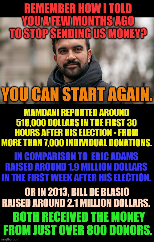 Not Sure He's Doing To Well | REMEMBER HOW I TOLD YOU A FEW MONTHS AGO TO STOP SENDING US MONEY? YOU CAN START AGAIN. MAMDANI REPORTED AROUND 518,000 DOLLARS IN THE FIRST 30 HOURS AFTER HIS ELECTION - FROM MORE THAN 7,000 INDIVIDUAL DONATIONS. IN COMPARISON TO  ERIC ADAMS RAISED AROUND 1.9 MILLION DOLLARS IN THE FIRST WEEK AFTER HIS ELECTION. OR IN 2013, BILL DE BLASIO RAISED AROUND 2.1 MILLION DOLLARS. BOTH RECEIVED THE MONEY FROM JUST OVER 800 DONORS. | image tagged in memes,politics,commercial,more,money,results | made w/ Imgflip meme maker