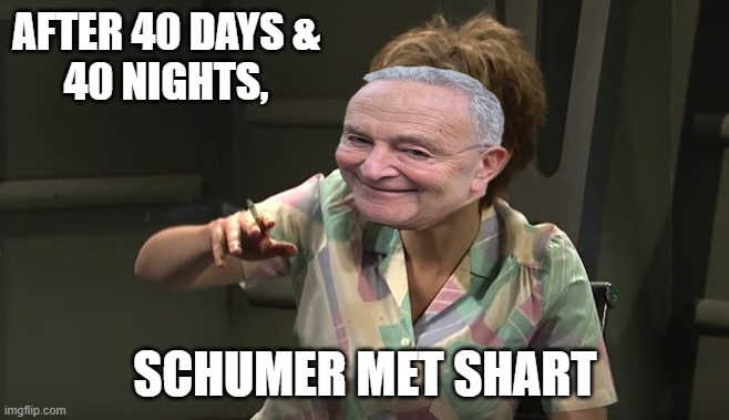 ALL YOU ZOMBIES IN HIGH PLACES, All you people in the Streets | AFTER 40 DAYS &
40 NIGHTS, SCHUMER MET SHART | image tagged in chuck schumer,zombies approaching,kate mckinnon,snl,government shutdown,president trump | made w/ Imgflip meme maker
