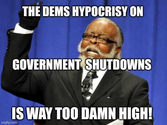 Government shutdown hypocrisy | THE DEMS HYPOCRISY ON; GOVERNMENT  SHUTDOWNS; IS WAY TOO DAMN HIGH! | image tagged in memes,too damn high | made w/ Imgflip meme maker