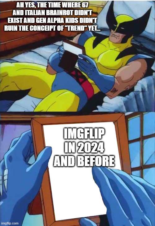 Wolverine Remember | AH YES, THE TIME WHERE 67 AND ITALIAN BRAINROT DIDN'T EXIST AND GEN ALPHA KIDS DIDN'T RUIN THE CONCEIPT OF "TREND" YET... IMGFLIP IN 2024 AN | image tagged in wolverine remember | made w/ Imgflip meme maker