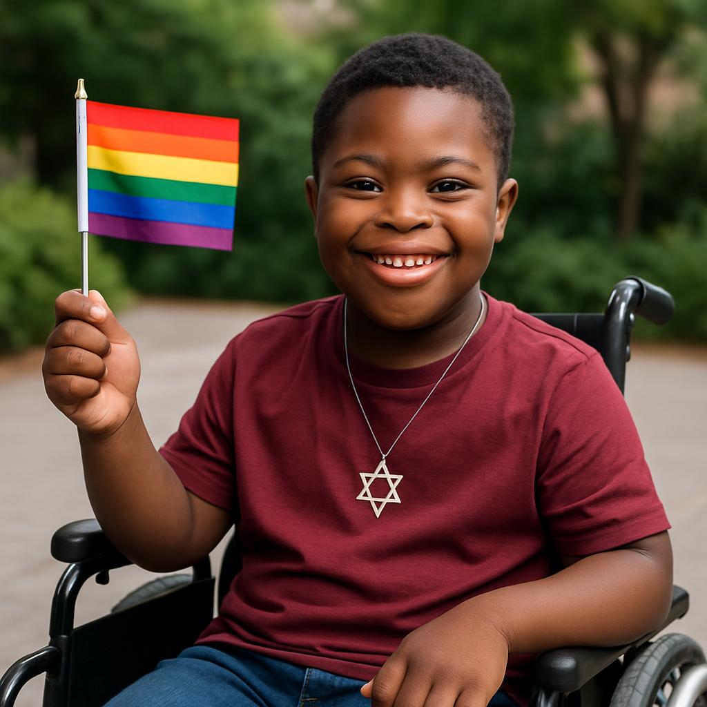 black kid with down syndrome in a wheelchair with a pride flag i Blank Meme Template