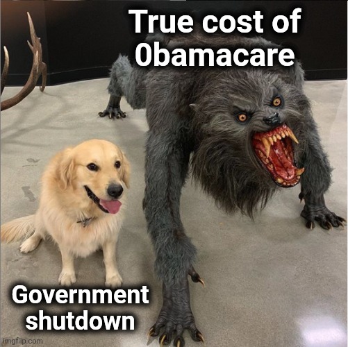 The government shutdown was a democrat scam designed to keep people from seeing the truth | True cost of
0bamacare; Government
shutdown | image tagged in dog vs werewolf,memes,obamacare,democrats,government shutdown,scam | made w/ Imgflip meme maker