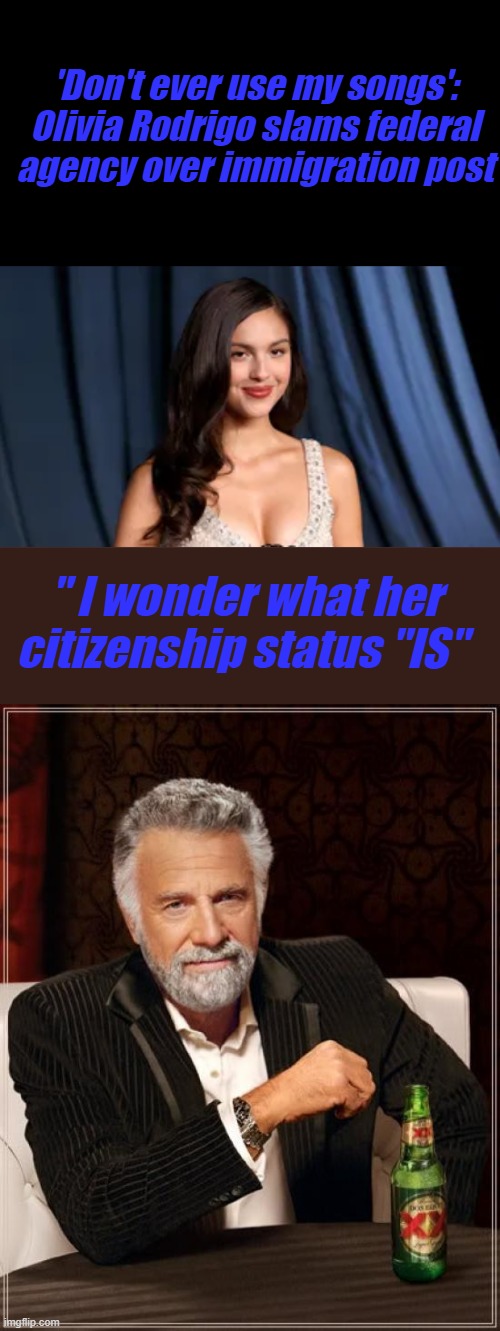 Just wondering. | 'Don't ever use my songs': Olivia Rodrigo slams federal agency over immigration post; " I wonder what her citizenship status "IS" | image tagged in memes,the most interesting man in the world | made w/ Imgflip meme maker