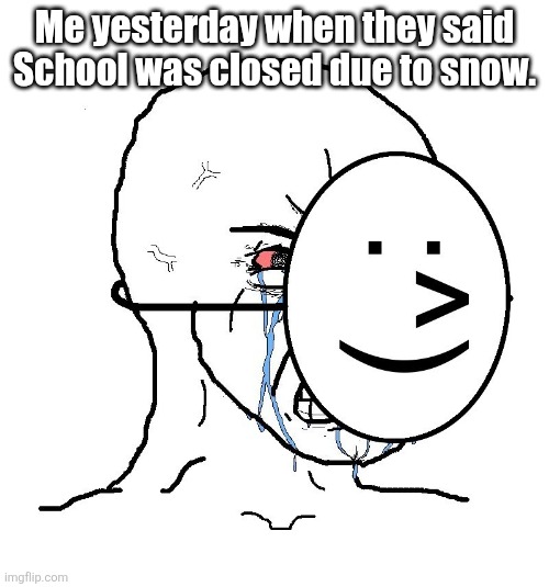 Yes, I enjoy highschool a lot... | Me yesterday when they said School was closed due to snow. | image tagged in pretending to be happy hiding crying behind a mask,highschool | made w/ Imgflip meme maker