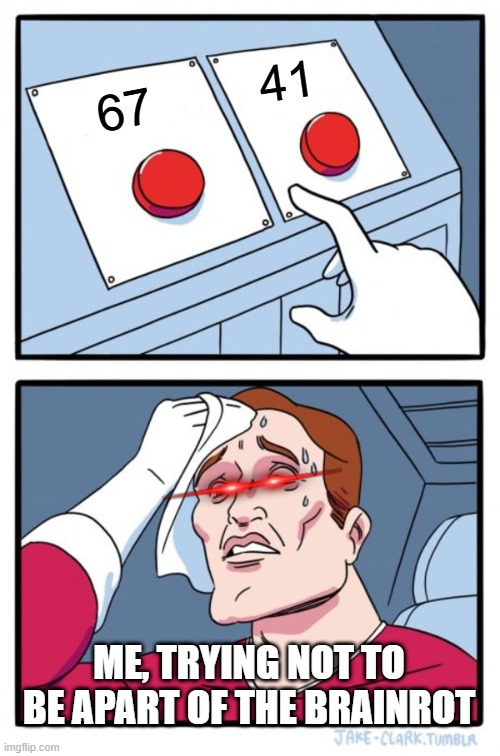 Dawg, I want no brainrot for this Christmas | 41; 67; ME, TRYING NOT TO BE APART OF THE BRAINROT | image tagged in memes,two buttons | made w/ Imgflip meme maker