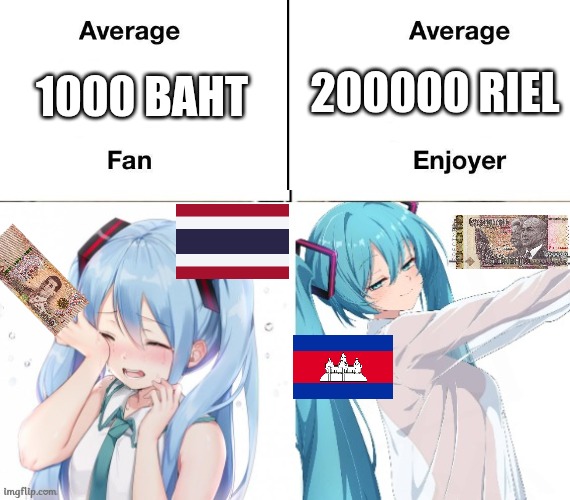 Currency | 200000 RIEL; 1000 BAHT | image tagged in average fan vs average enjoyer,memes,hatsune miku | made w/ Imgflip meme maker