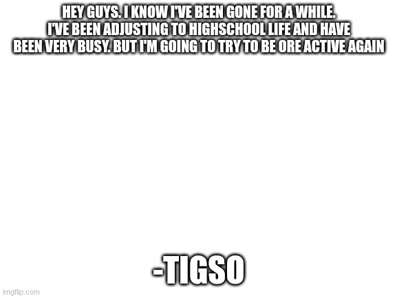 I'm back. | HEY GUYS. I KNOW I'VE BEEN GONE FOR A WHILE. I'VE BEEN ADJUSTING TO HIGHSCHOOL LIFE AND HAVE BEEN VERY BUSY. BUT I'M GOING TO TRY TO BE ORE ACTIVE AGAIN; -TIGSO | image tagged in blank white template | made w/ Imgflip meme maker