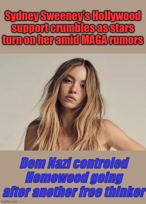 Sydney Sweeney's Hollywood support crumbles as stars turn on her amid MAGA rumors; Dem Nazi controled Homowood going after another free thinker | made w/ Imgflip meme maker
