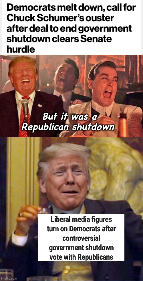 2 for 1 derp sale | But it was a Republican shutdown | image tagged in trump good fellas laughing,laughing leo trump,politics lol,government corruption,stupid people | made w/ Imgflip meme maker